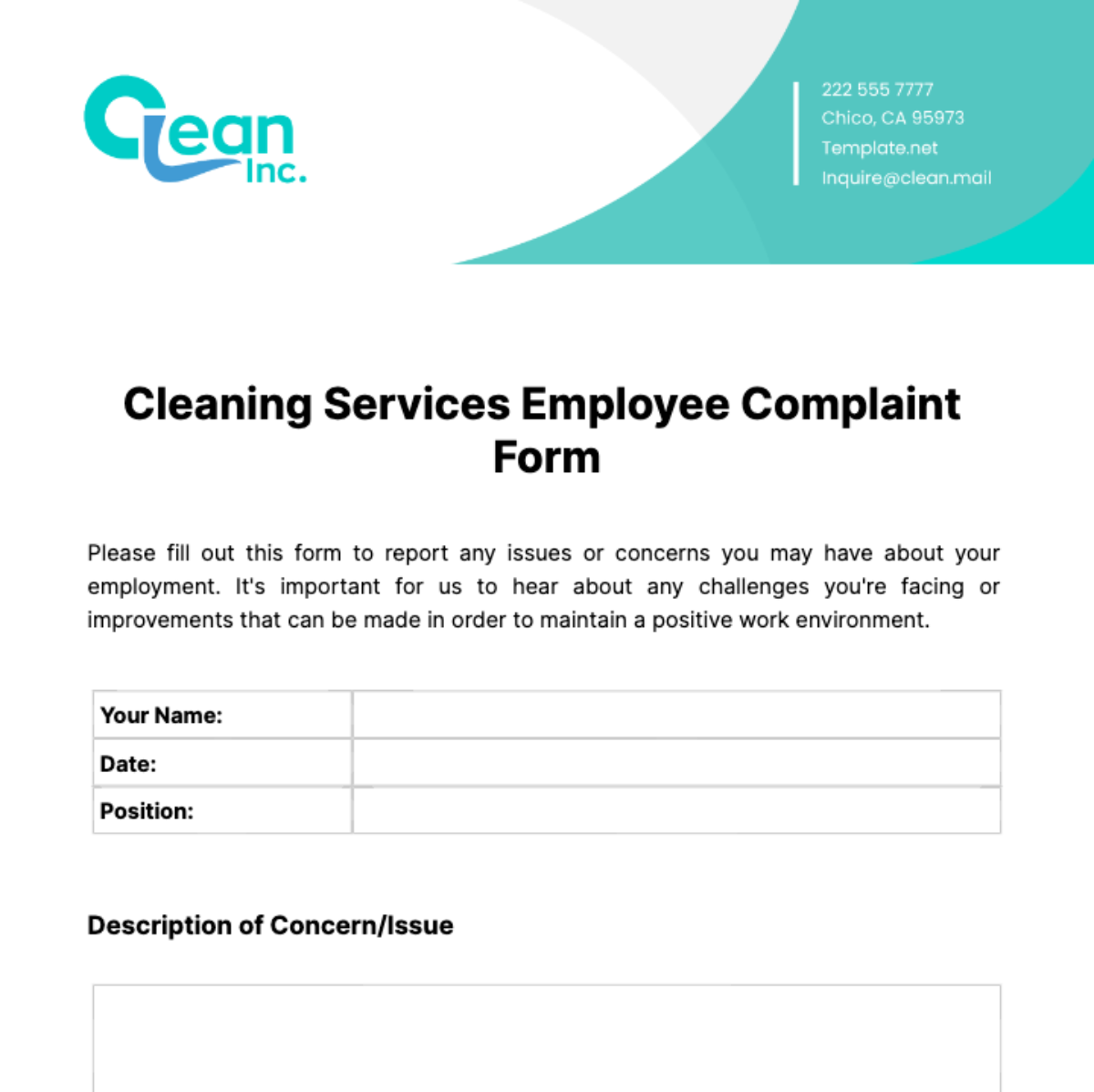 Cleaning Services Employee Complaint Form Template