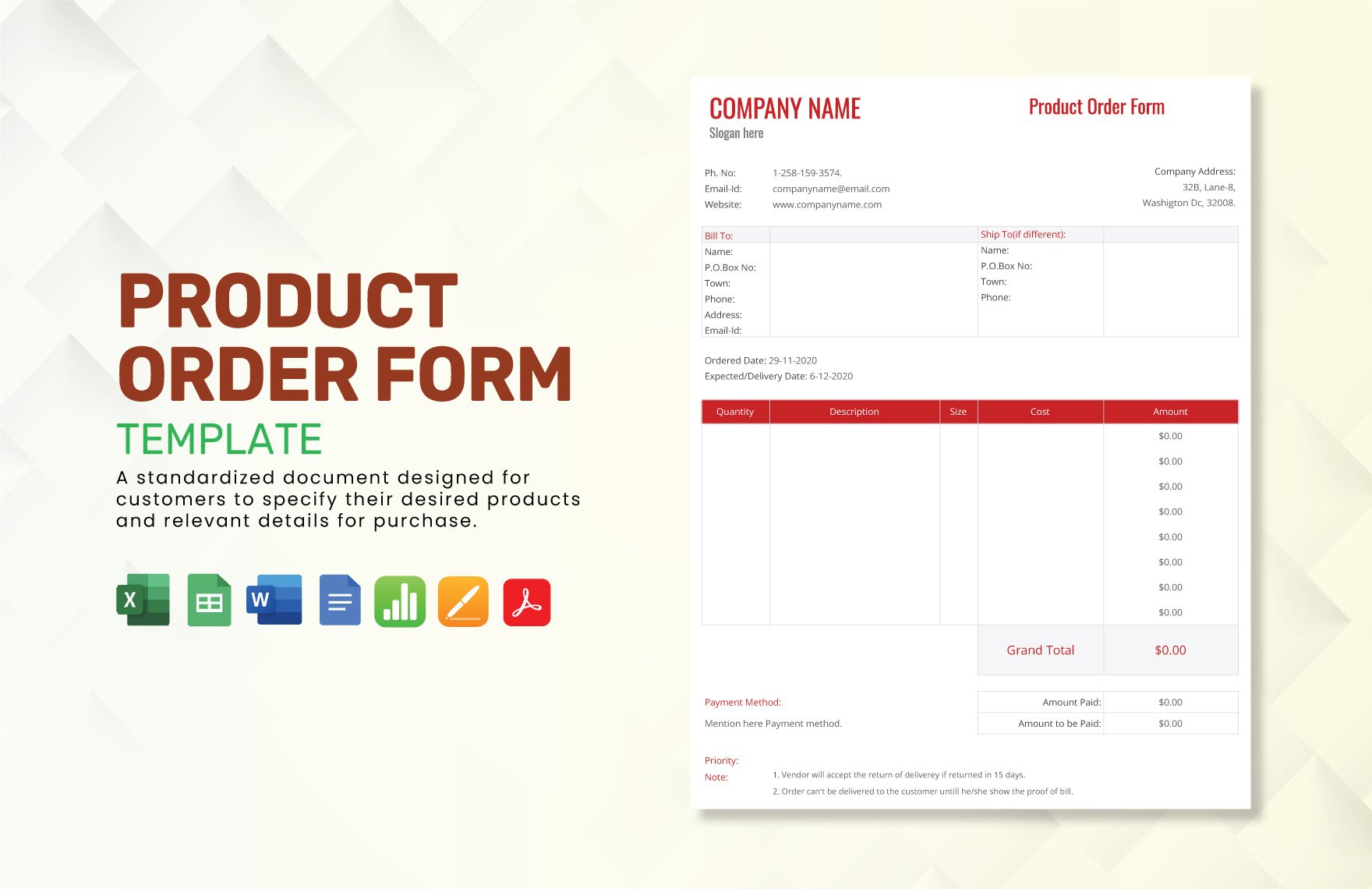 Product Order Form Template in Word, Google Docs, Excel, PDF, Google Sheets, Apple Pages, Apple Numbers