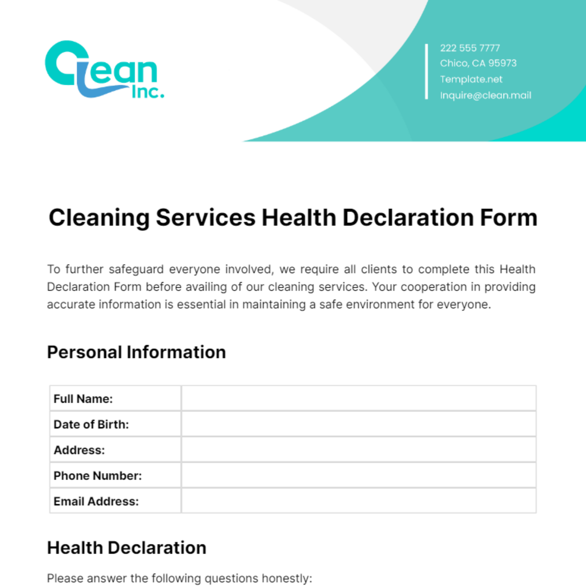 Free Cleaning Services Health Declaration Form Template