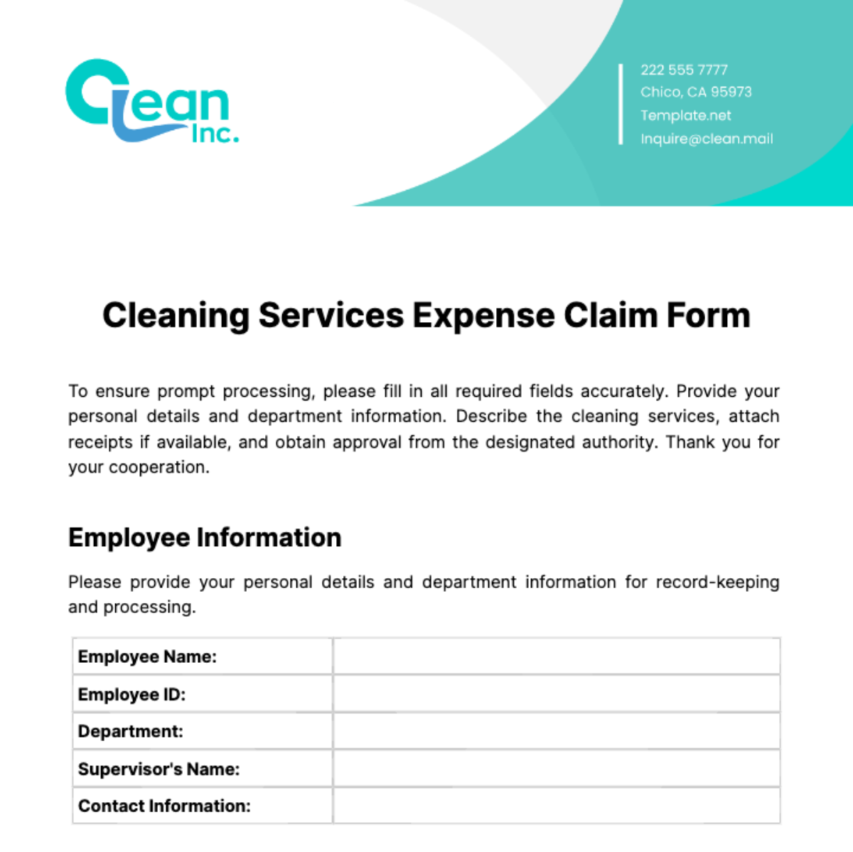 Cleaning Services Expense Claim Form Template