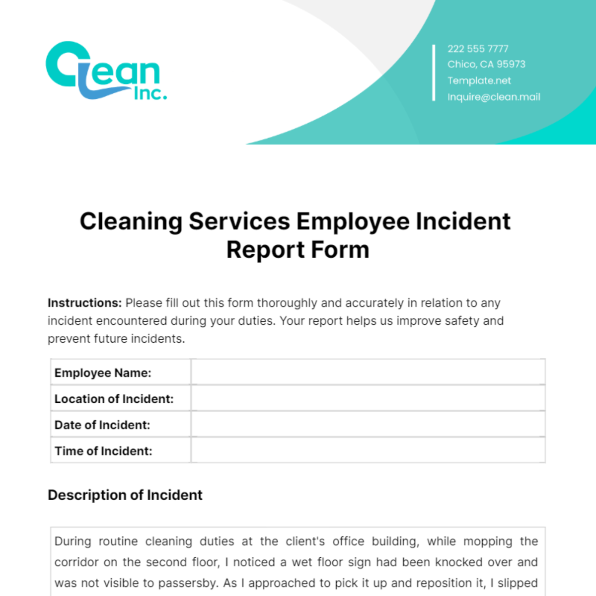Free Cleaning Services Employee Incident Report Form Template