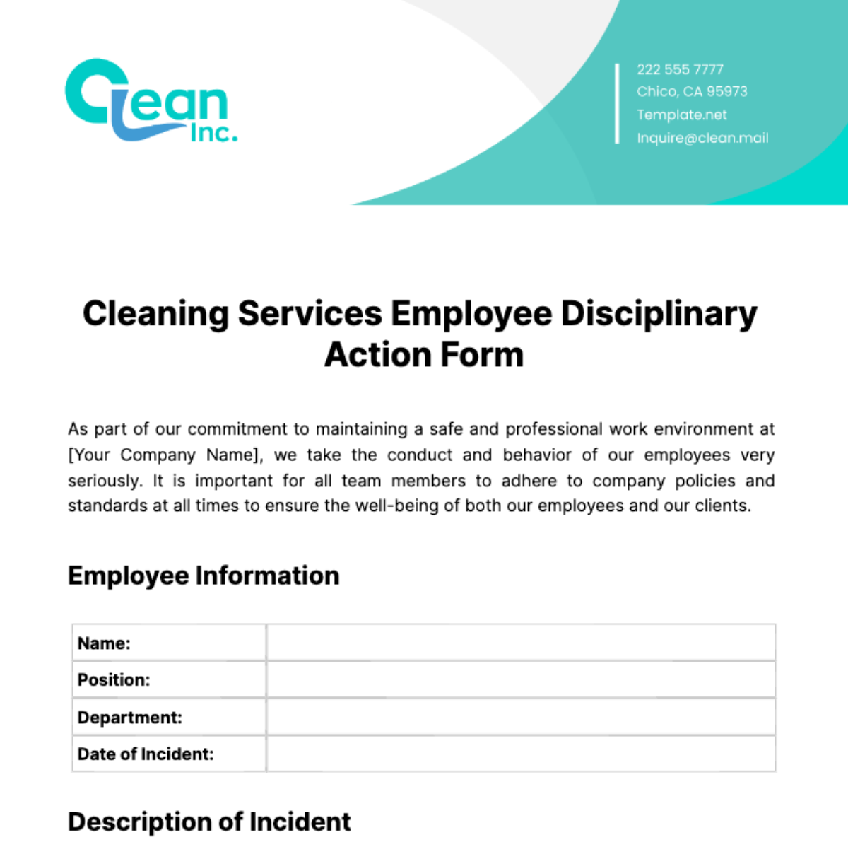 Cleaning Services Employee Disciplinary Action Form Template