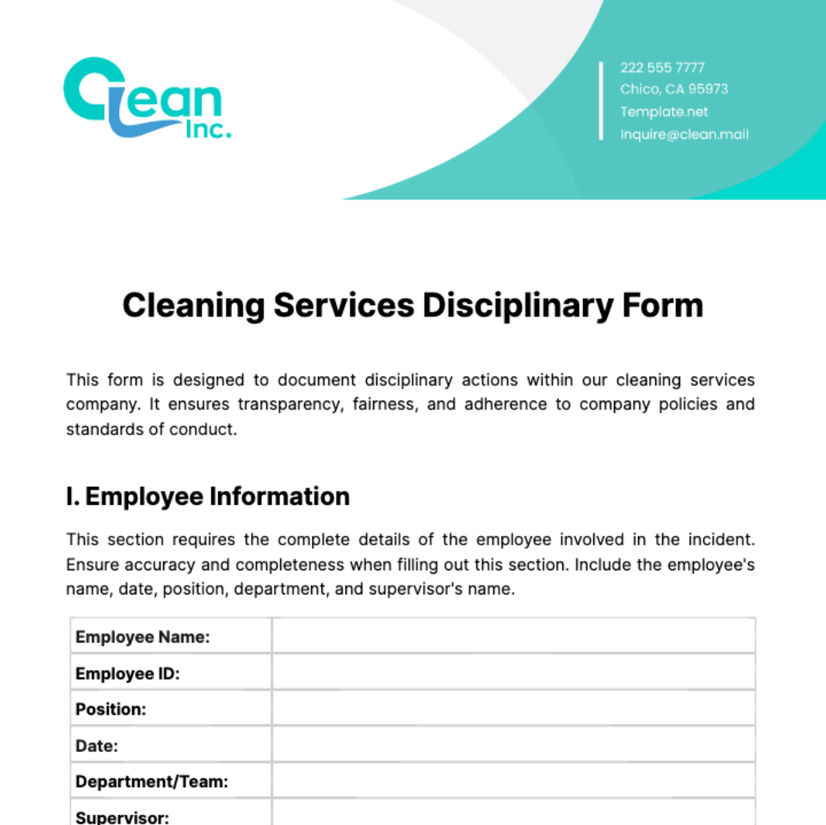 Free Cleaning Services Disciplinary Form Template