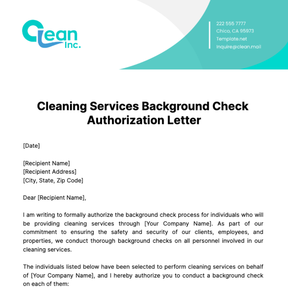 Cleaning Services Background Check Authorization Letter Template - Edit Online & Download