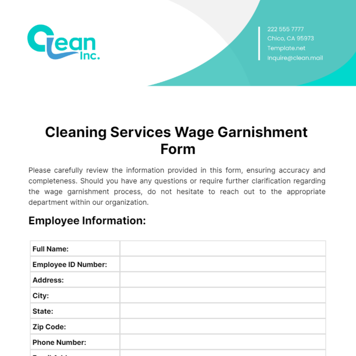 Cleaning Services Wage Garnishment Form Template