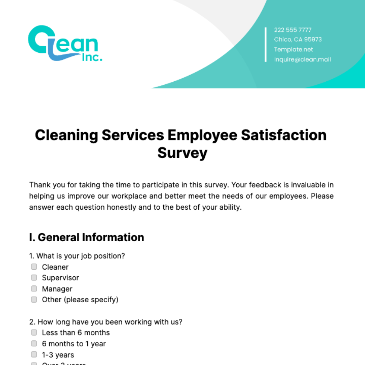 Free Cleaning Services Employee Satisfaction Survey Template