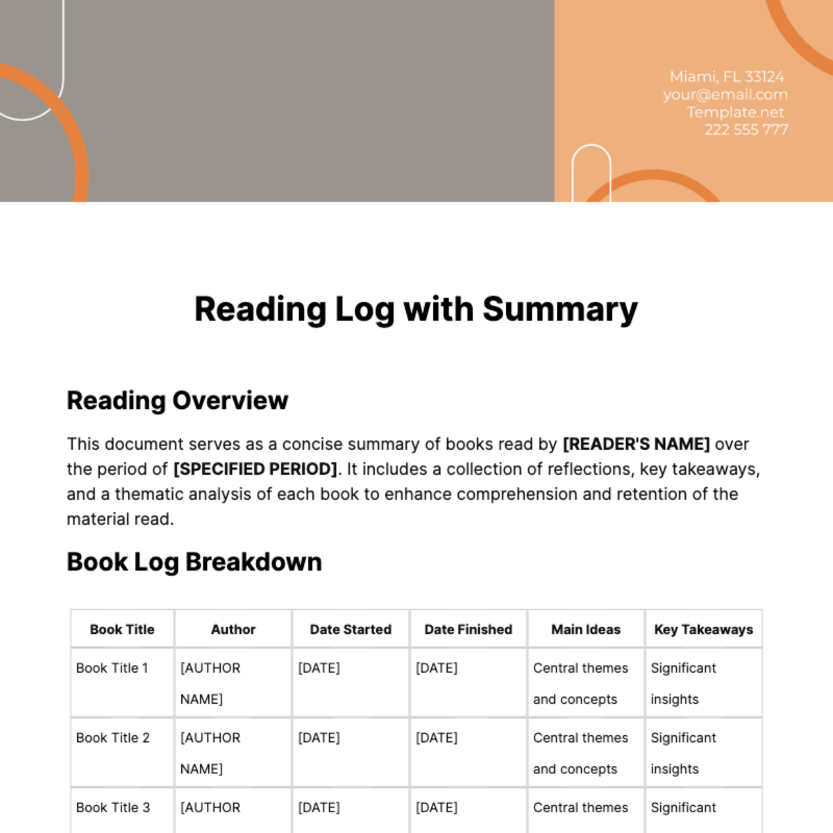 Reading Log with Summary Template