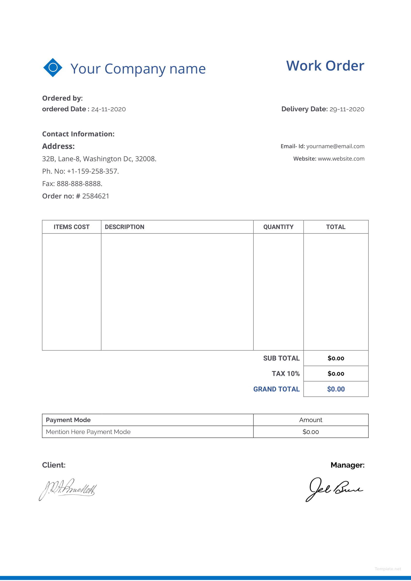 Sample Work Order Template in Microsoft Word, Excel