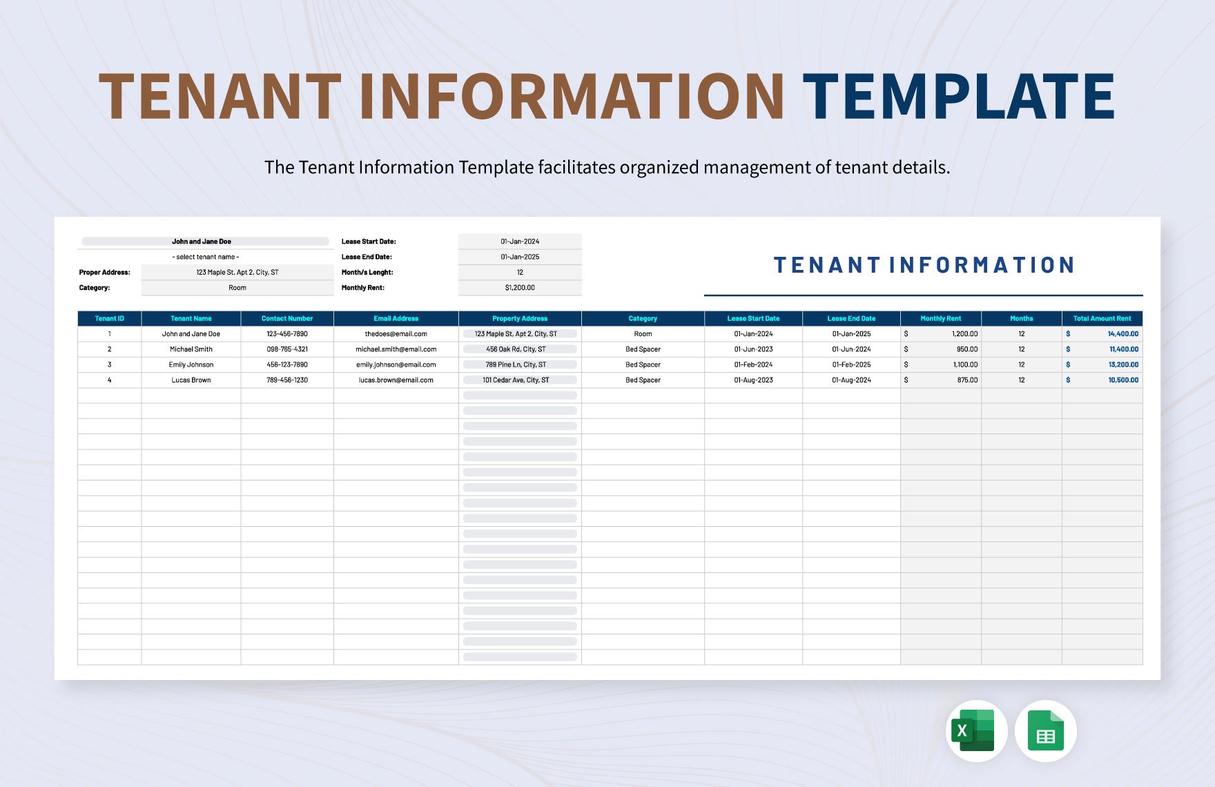 Tenant Information Template in Excel, Google Sheets
