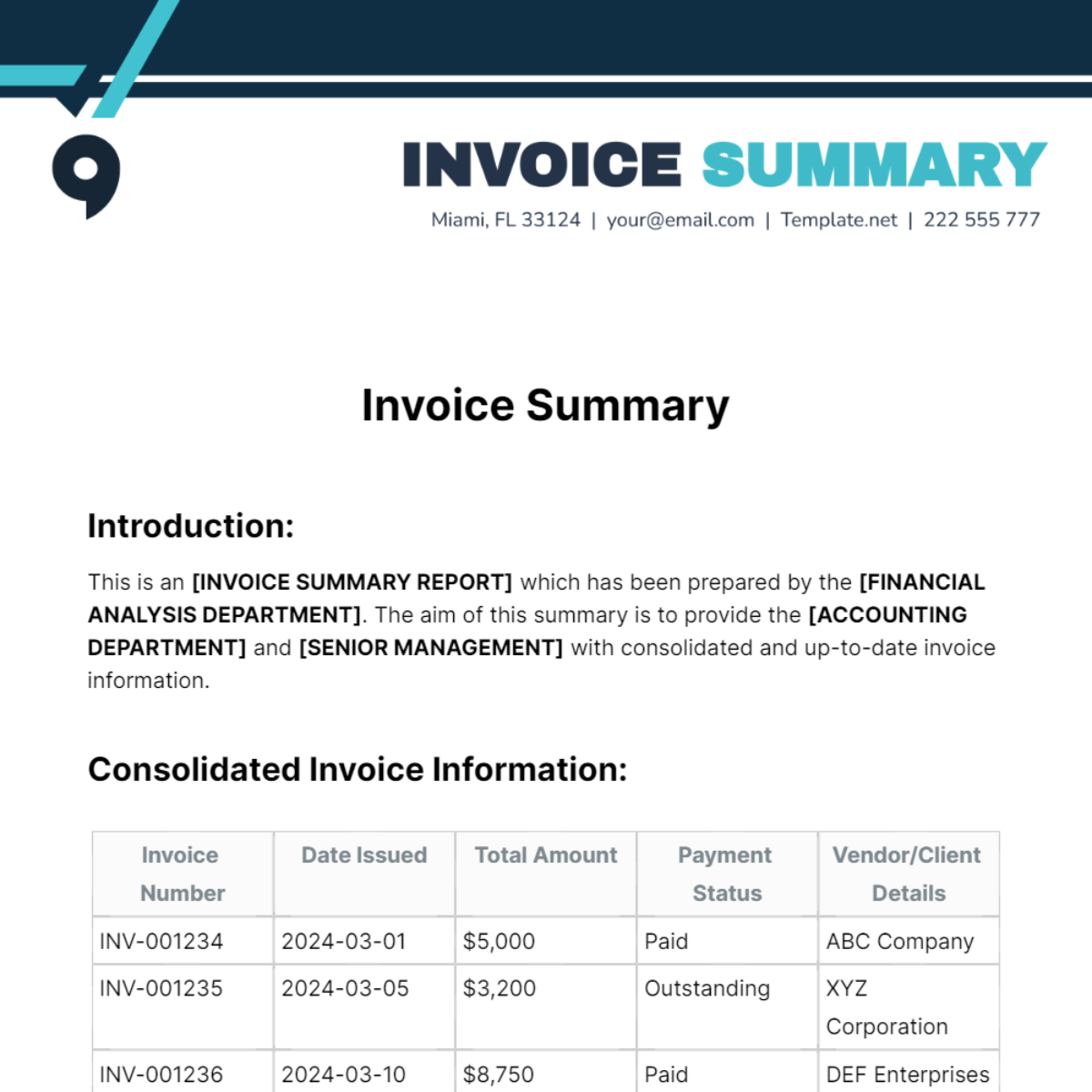 Invoice Summary Template