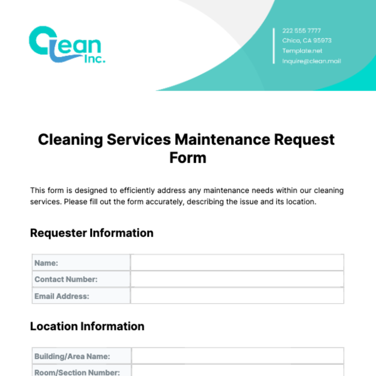 Free Cleaning Services Maintenance Request Form Template