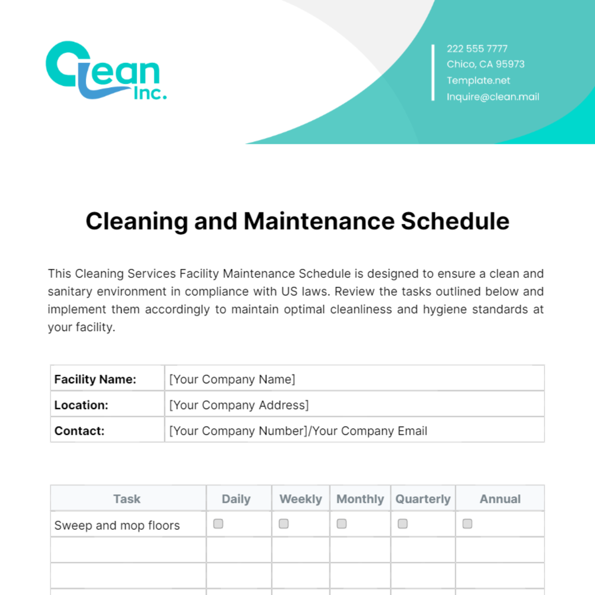 Cleaning Services Facility Maintenance Schedule Template