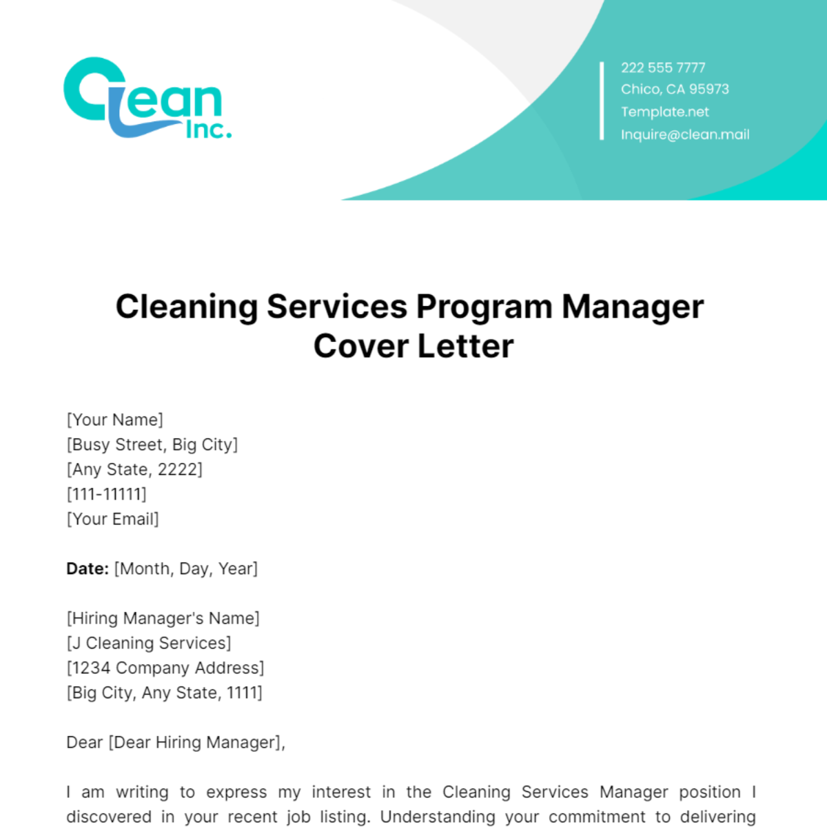 Free Cleaning Services Program Manager Cover Letter Template