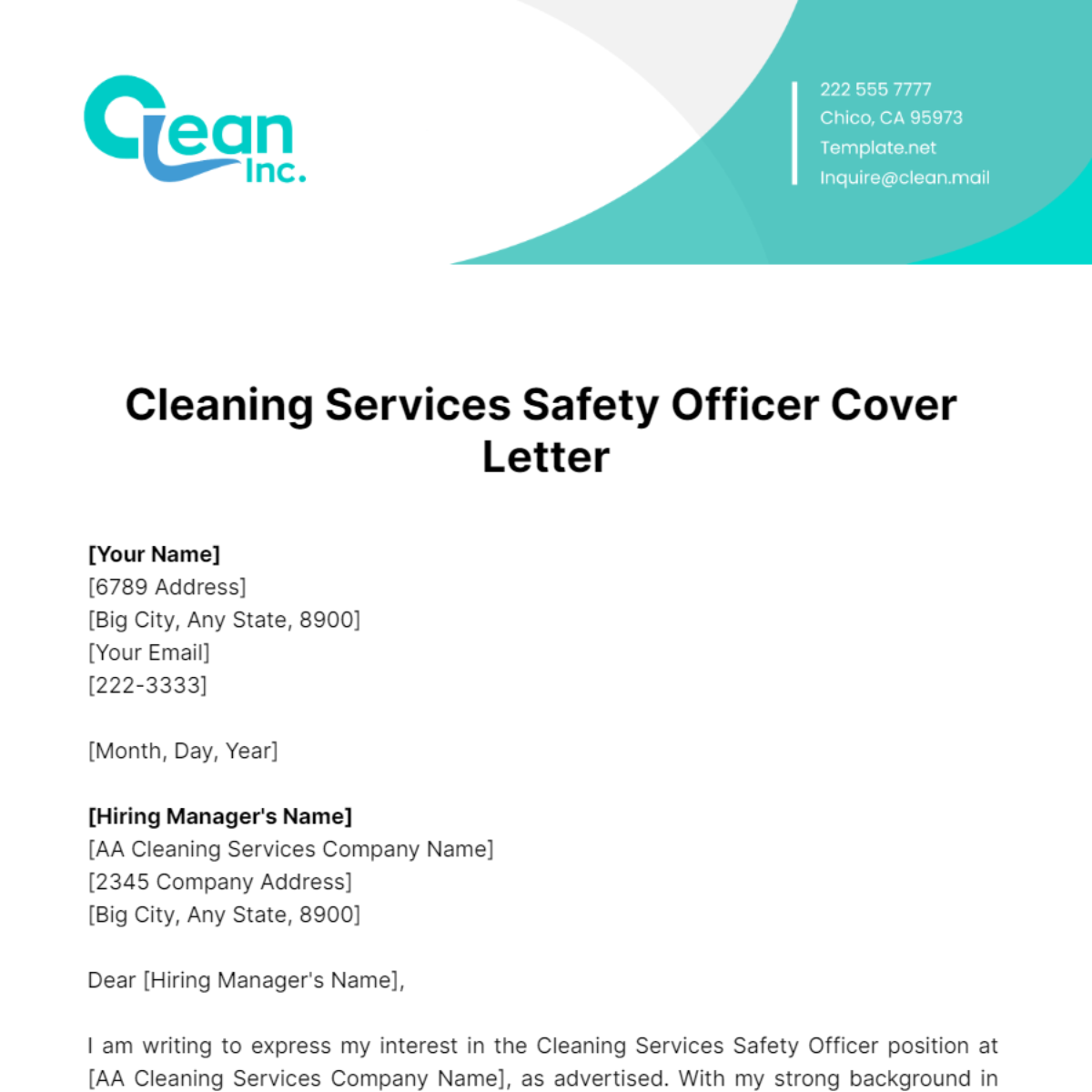 Free Cleaning Services Safety Officer Cover Letter Template