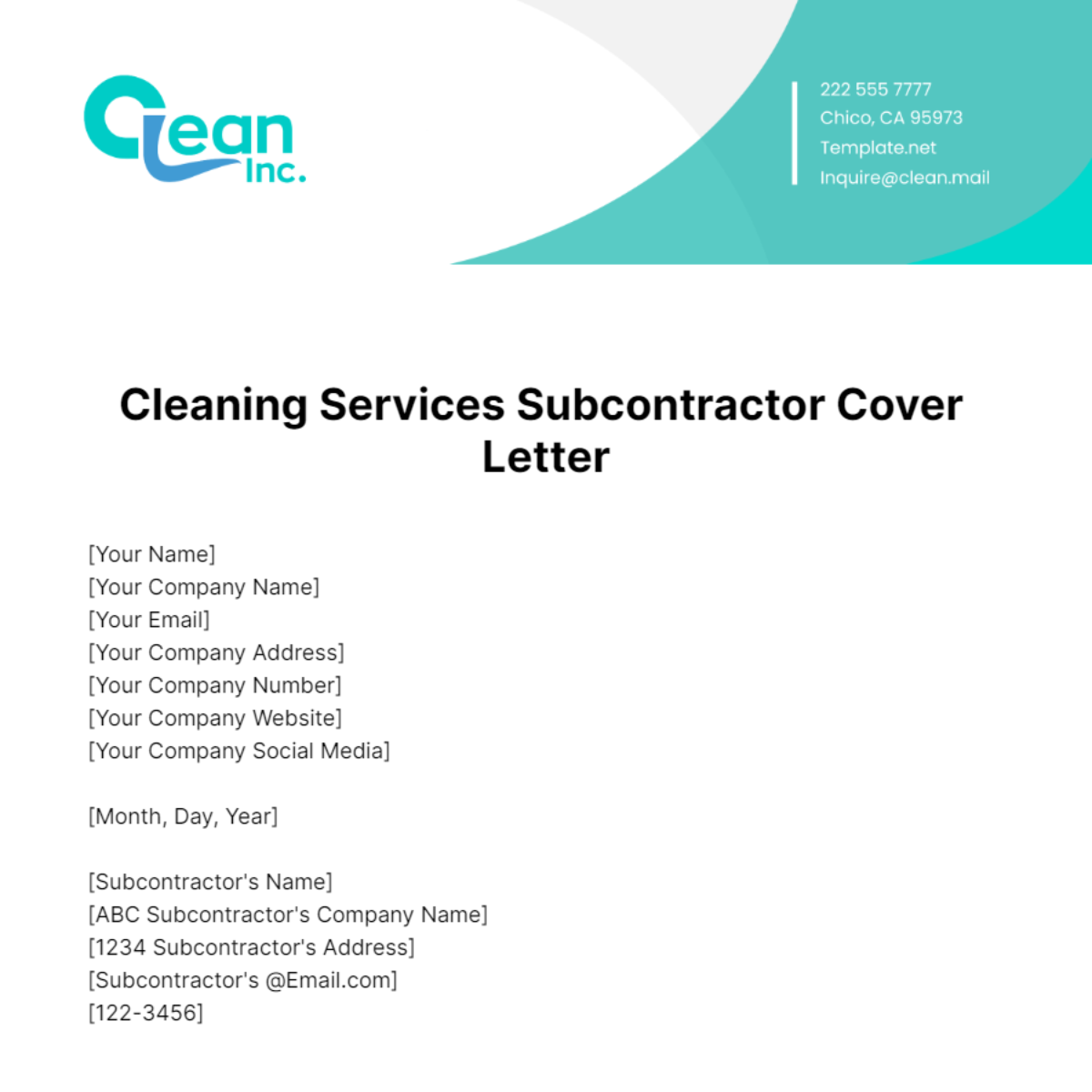 Free Cleaning Services Subcontractor Cover Letter Template