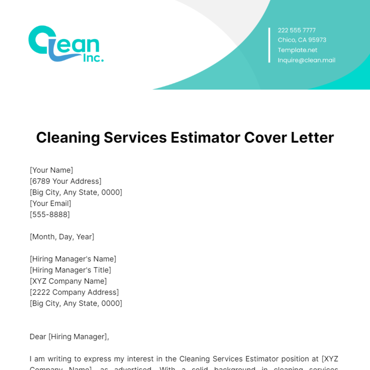 Free Cleaning Services Estimator Cover Letter Template
