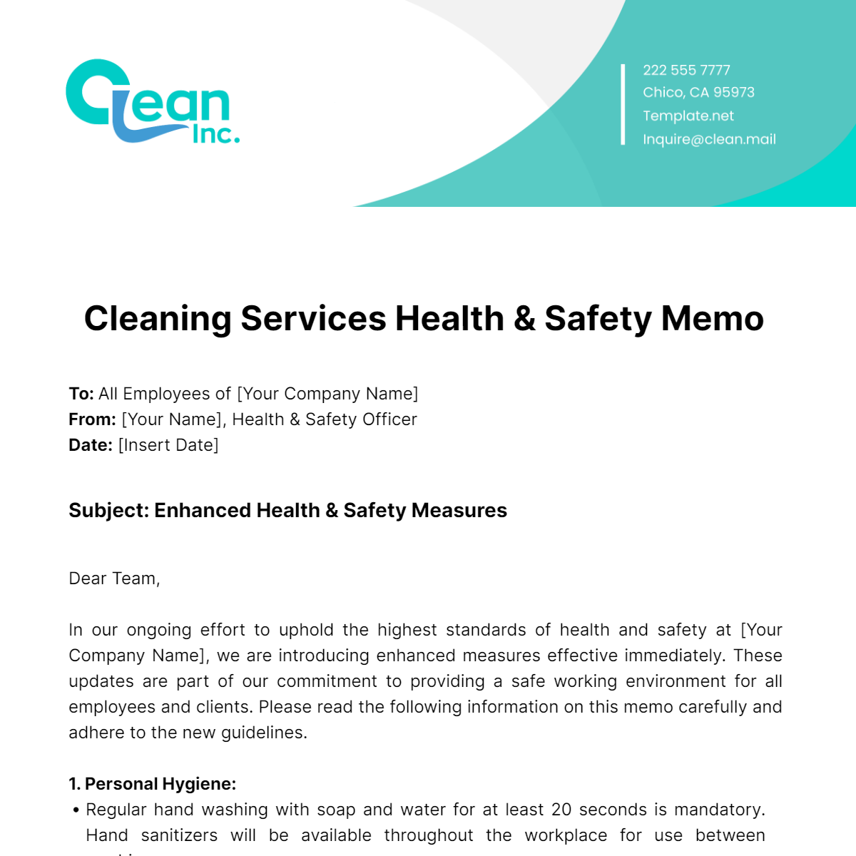 Free Cleaning Services Health & Safety Memo Template