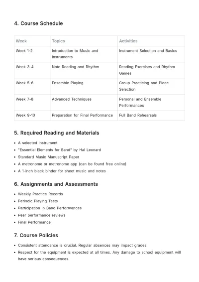Free Middle School Band Syllabus Template to Edit Online
