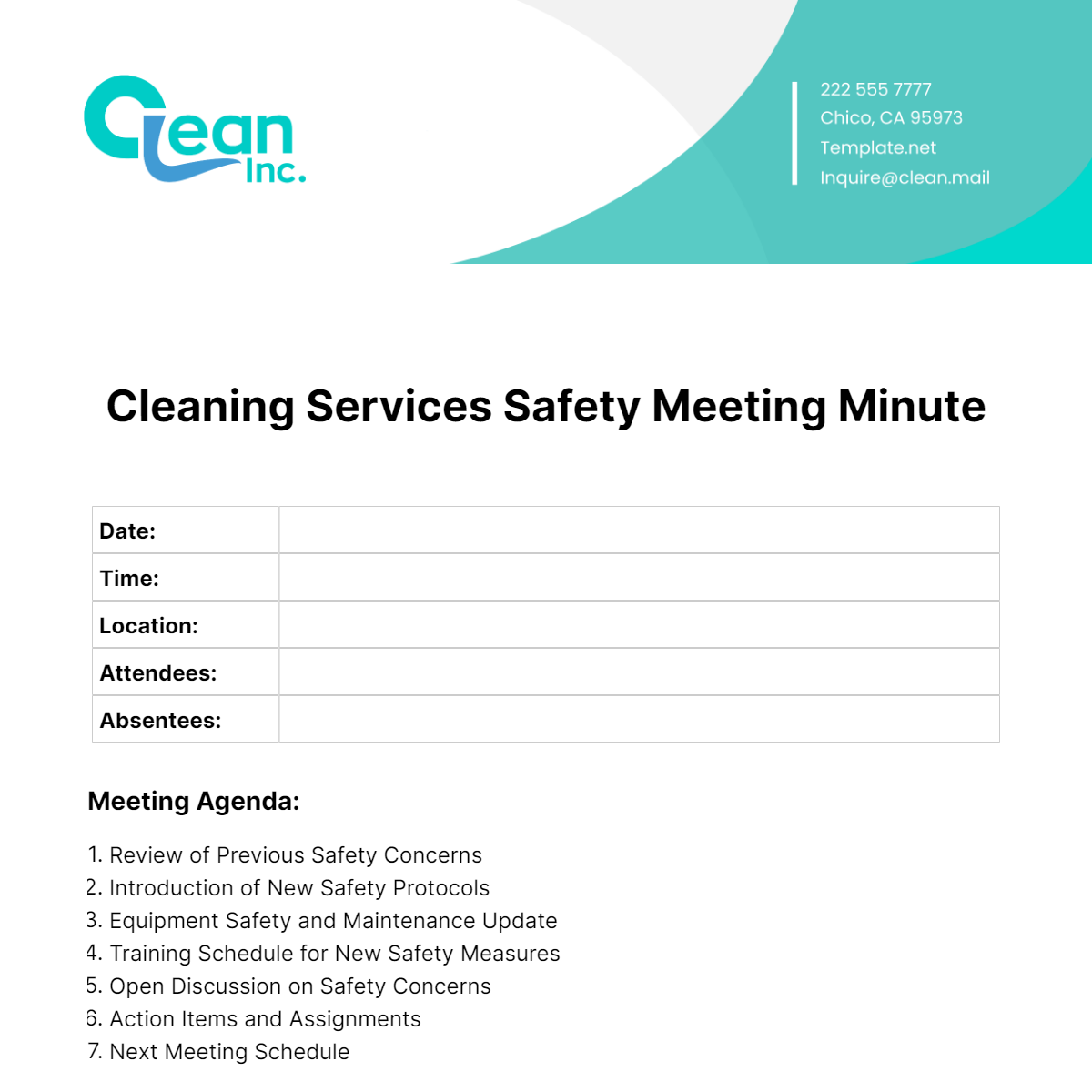 Free Cleaning Services Safety Meeting Minute Template