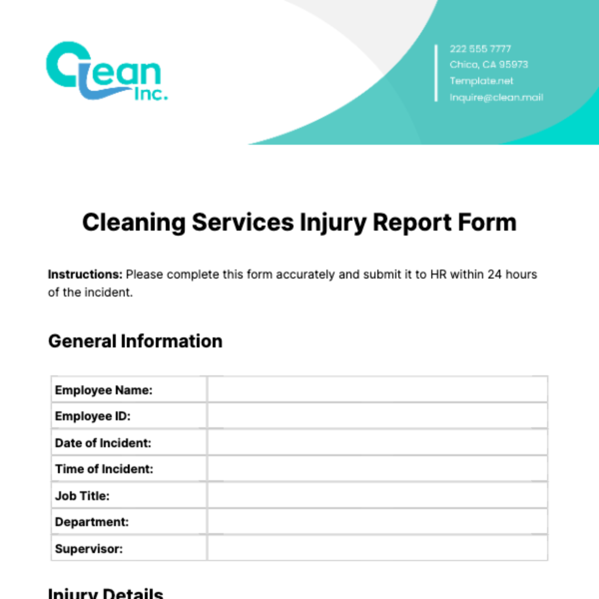 Free Cleaning Services Injury Report Form Template