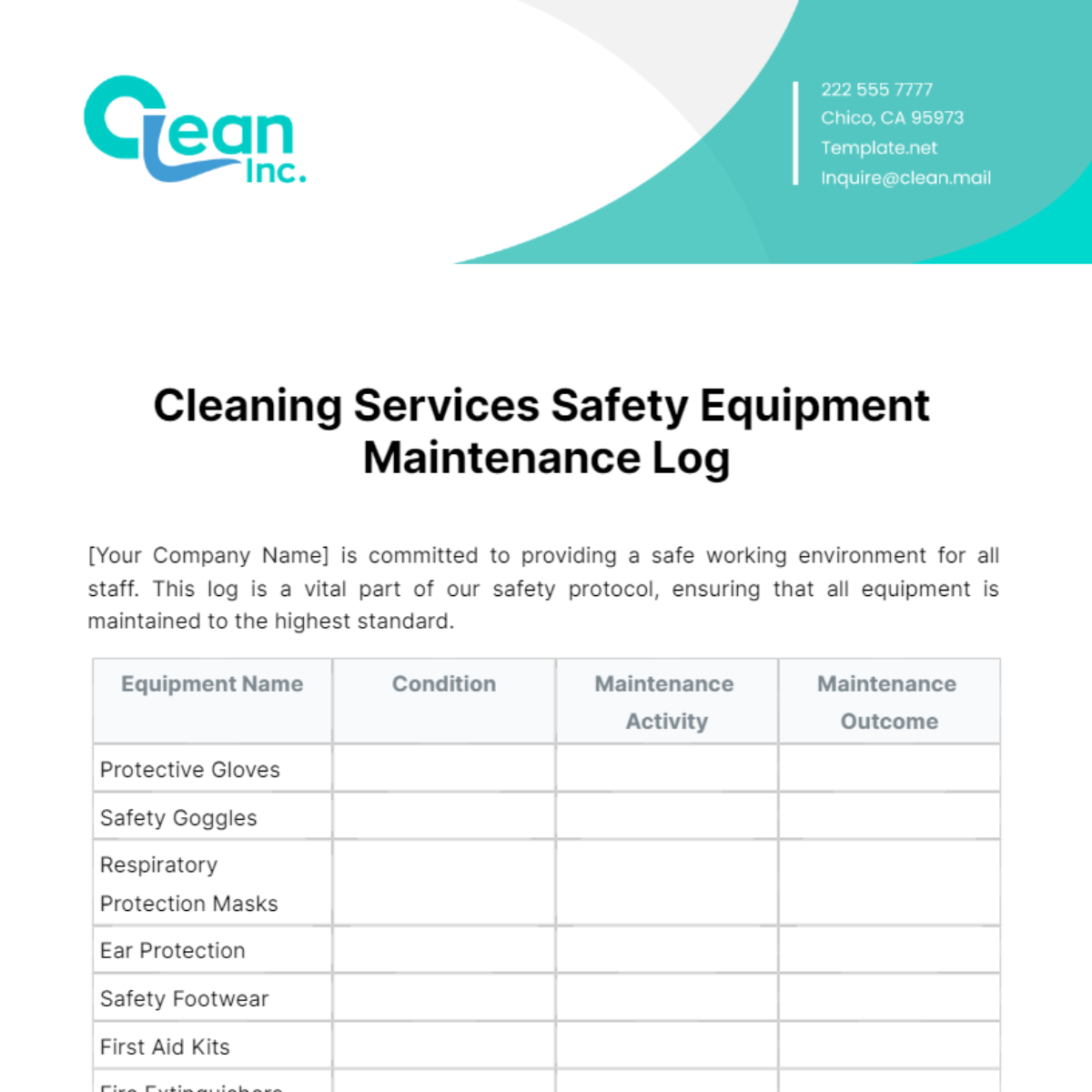 Cleaning Services Safety Equipment Maintenance Log Template