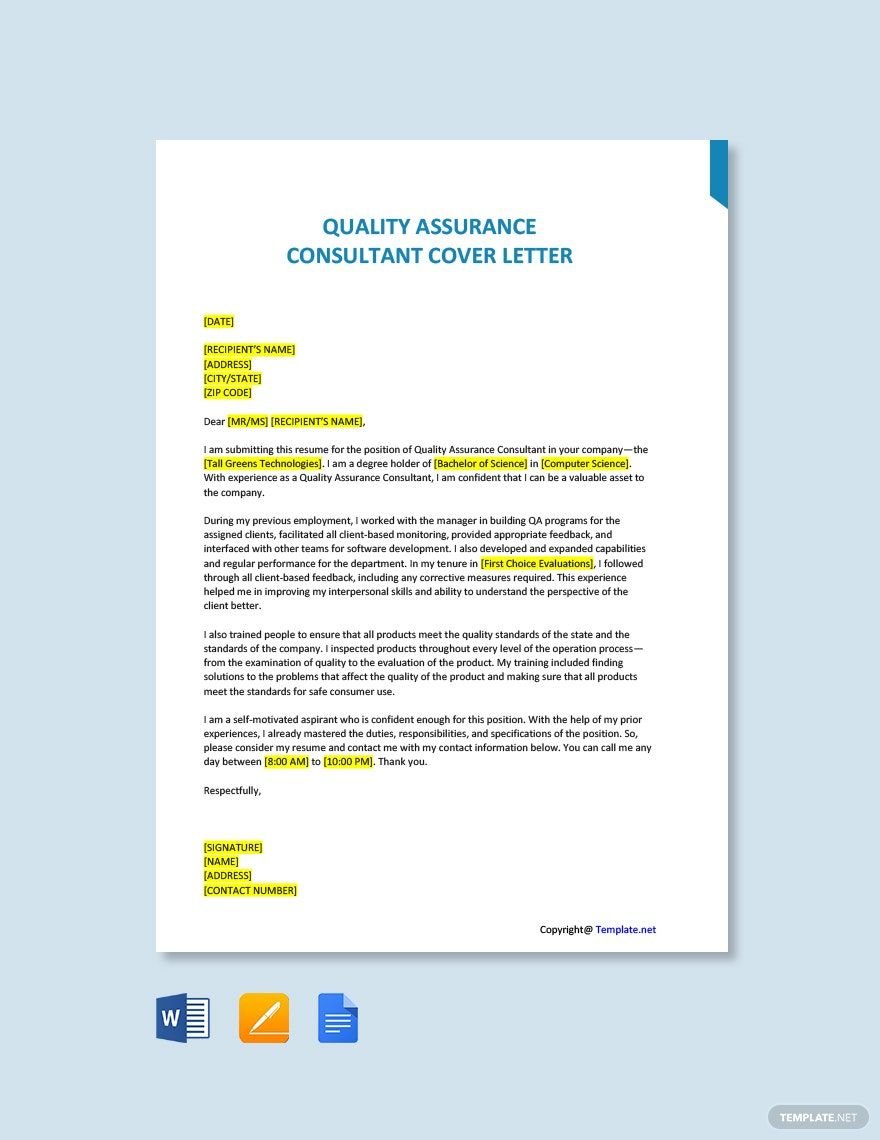 Quality Assurance Consultant Cover Letter