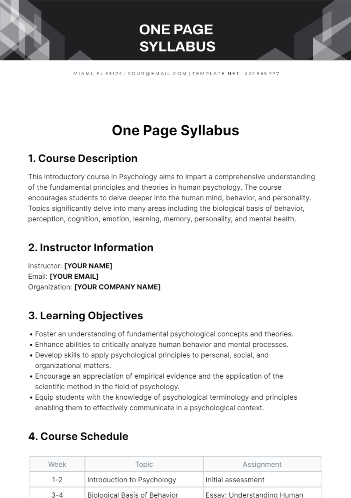 One Page Syllabus Template