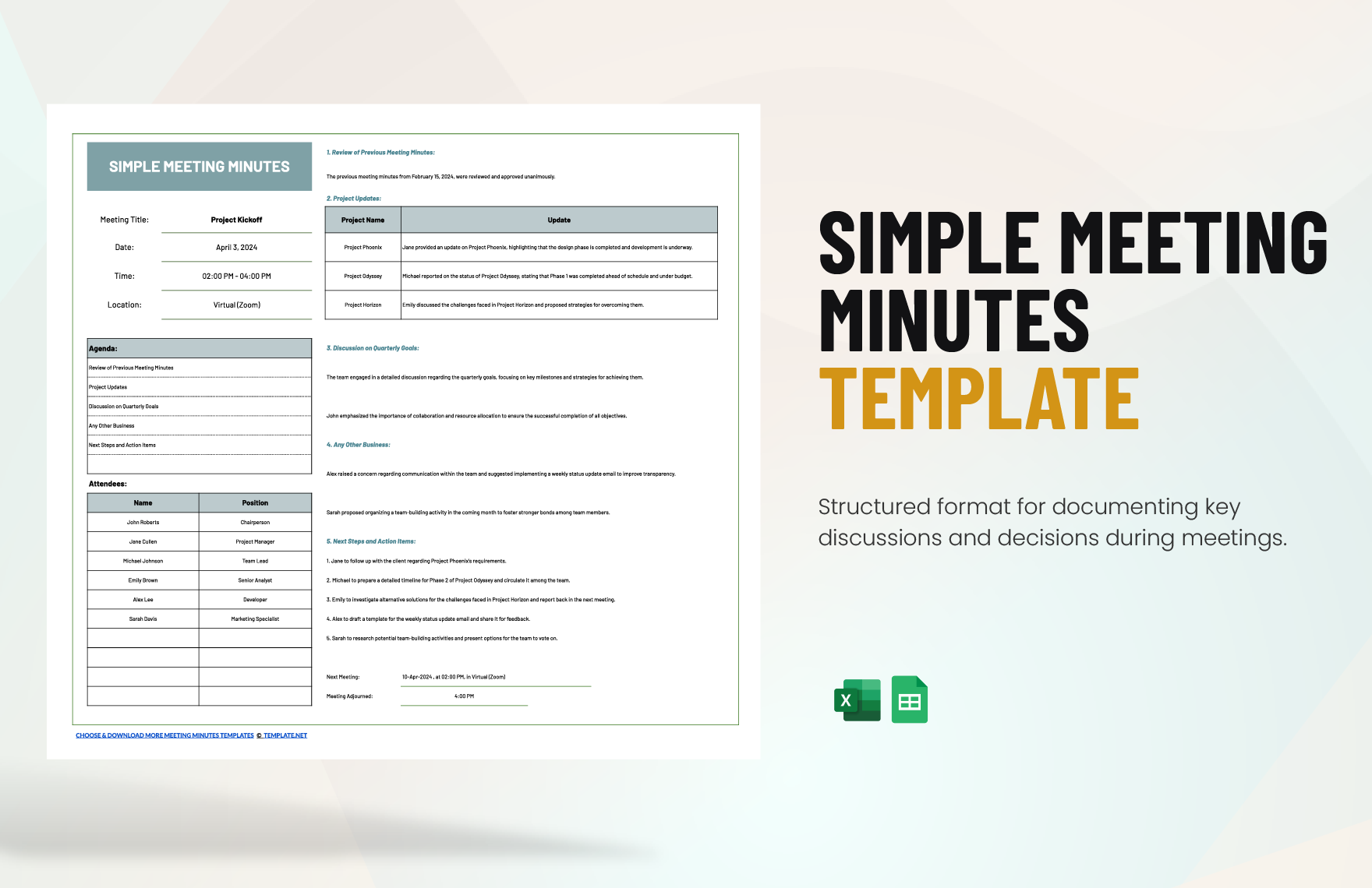 Free Simple Meeting Minutes Template in Excel, Google Sheets
