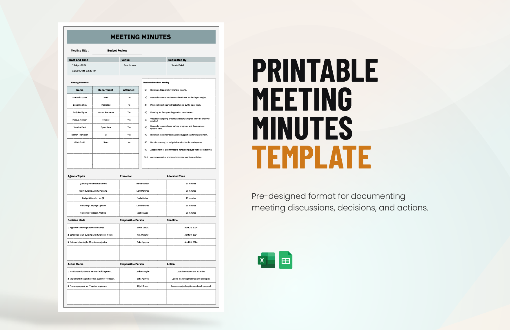 Printable Meeting Minutes Template in Excel, Google Sheets