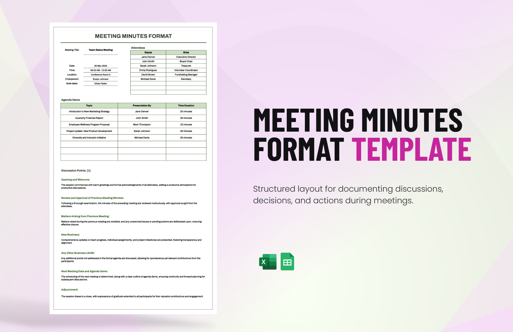 Meeting Minutes Format Template in Excel, Google Sheets