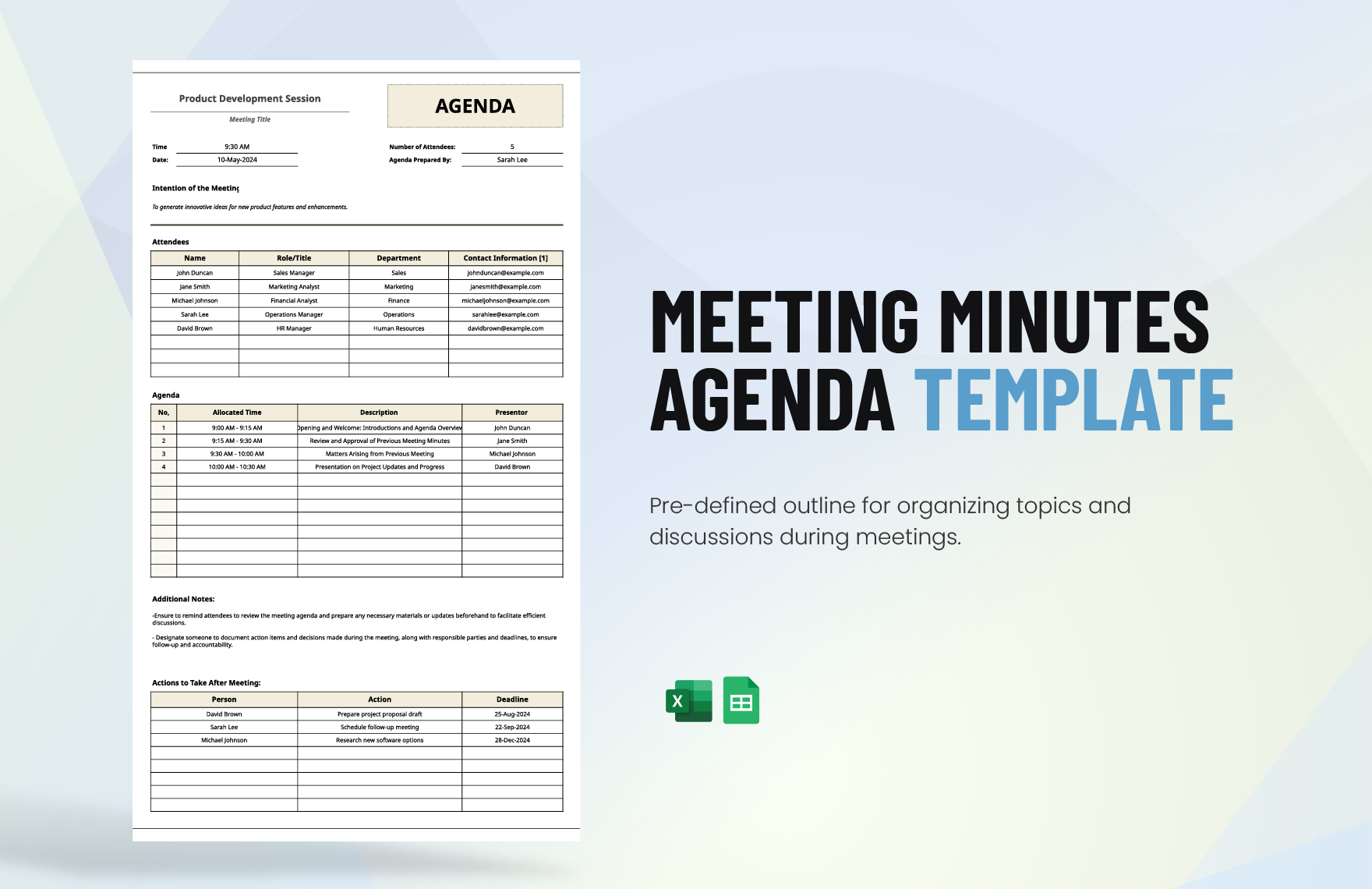 Meeting Minutes Agenda Template in Excel, Google Sheets