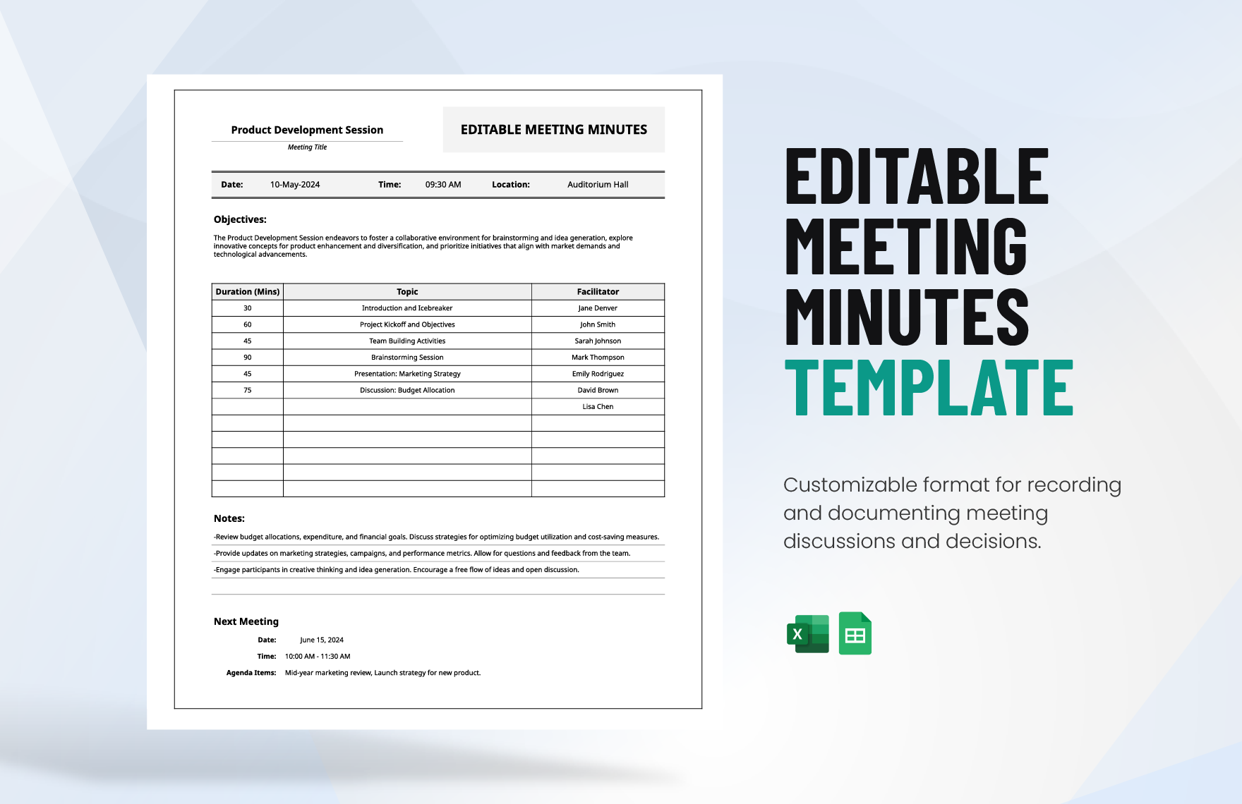 Editable Meeting Minutes Template in Excel, Google Sheets
