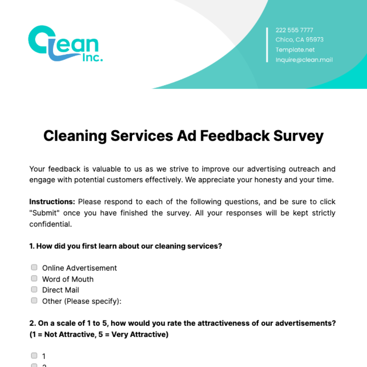 Cleaning Services Ad Feedback Survey Template