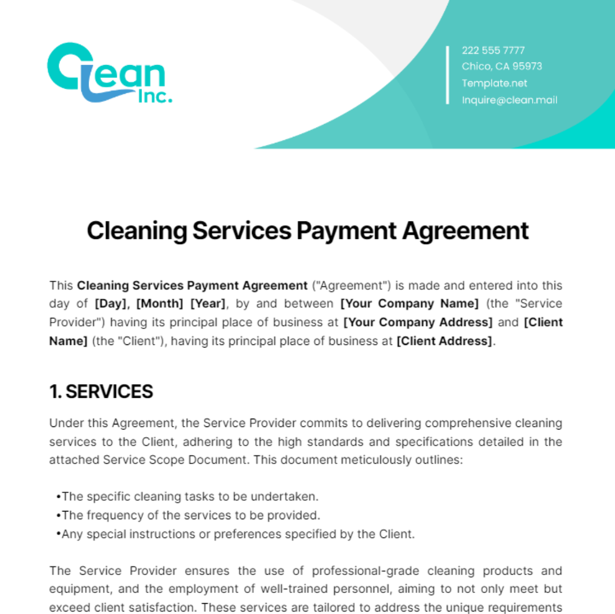 Cleaning Services Payment Agreement Template