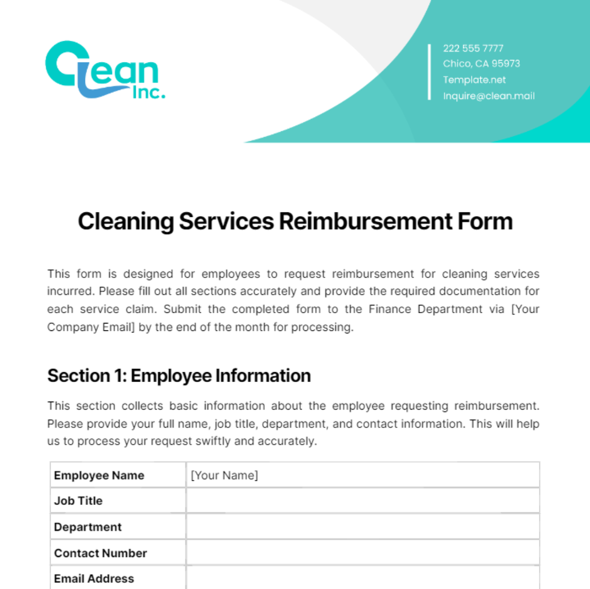 Cleaning Services Reimbursement Form Template