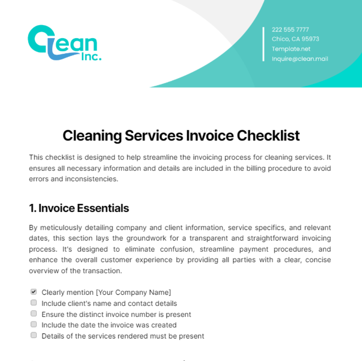 Free Cleaning Services Invoice Checklist Template