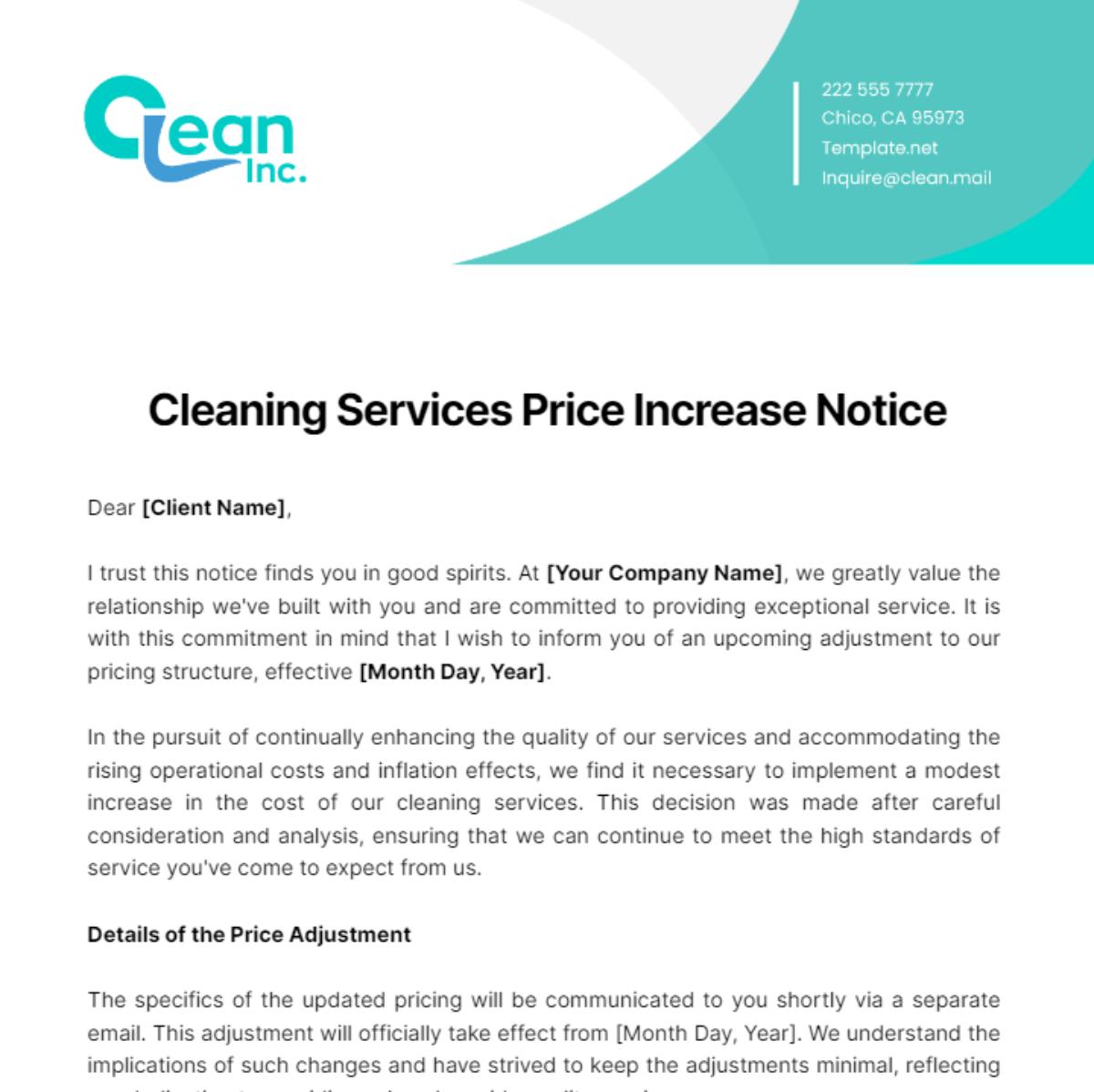 Cleaning Services Price Increase Notice Template