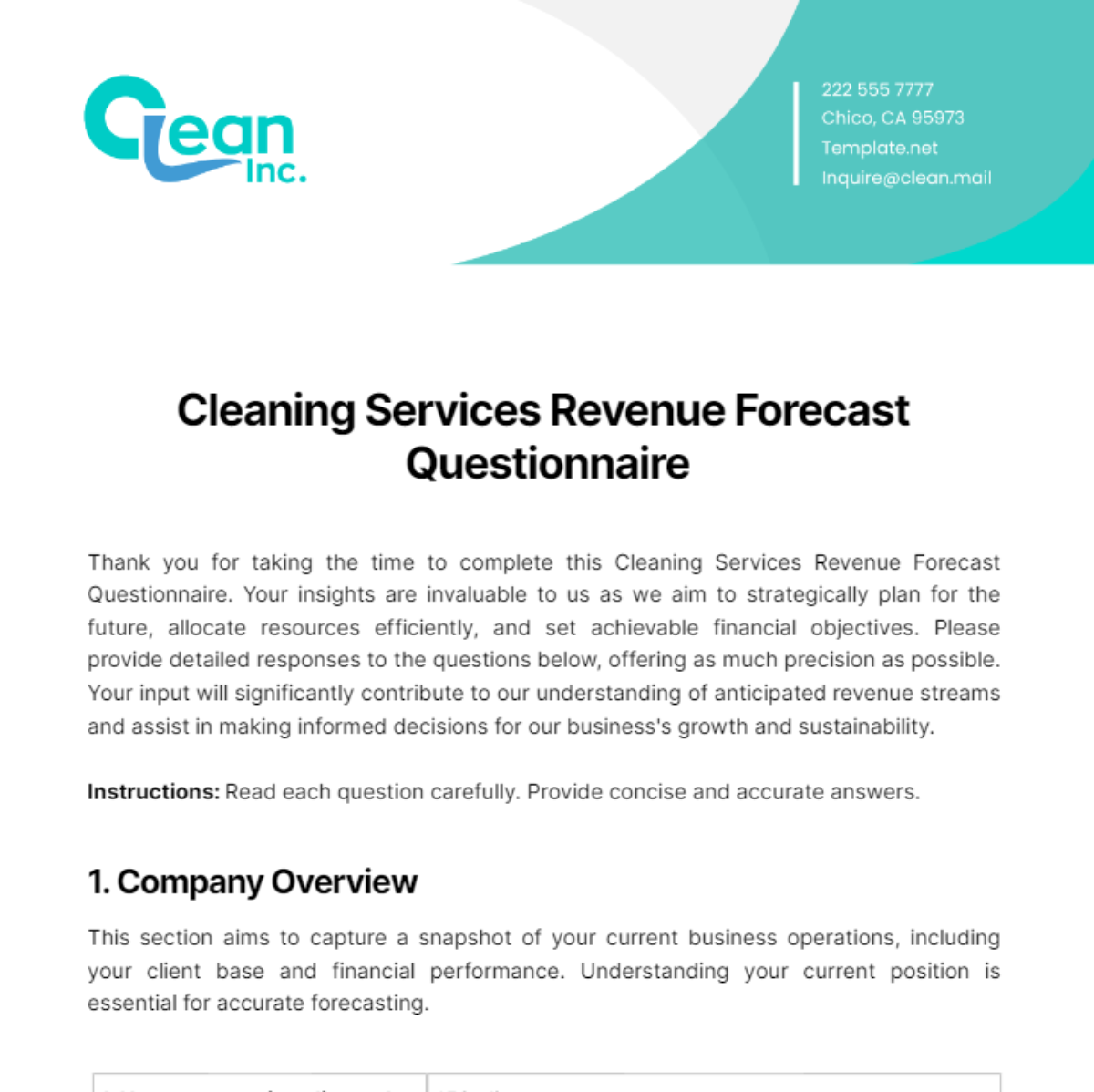 Cleaning Services Revenue Forecast Questionnaire Template