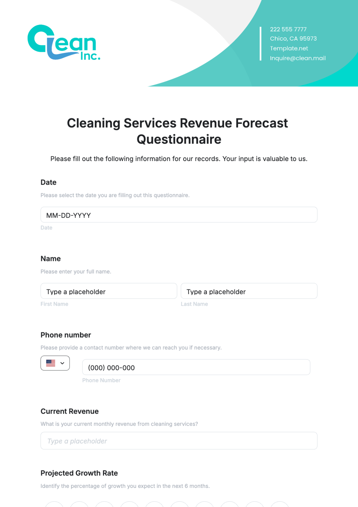 Free Cleaning Services Revenue Forecast Questionnaire Template to Edit Online | Template.net