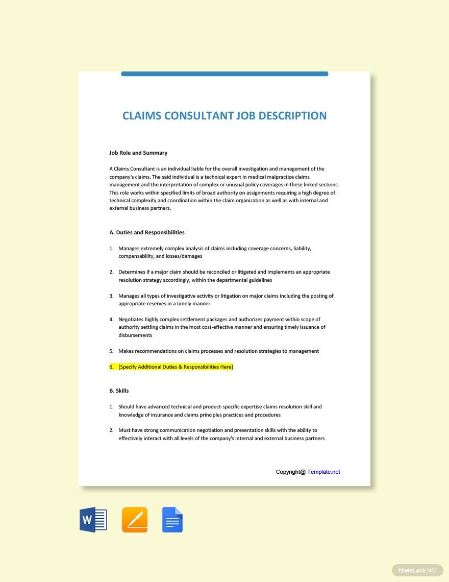 Free Free Claims Consultant Job Description Template Google Docs Word Apple Pages Template