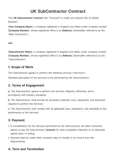 Free UK SubContractor Contract Template to Edit Online