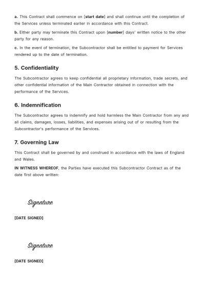 Free UK SubContractor Contract Template to Edit Online