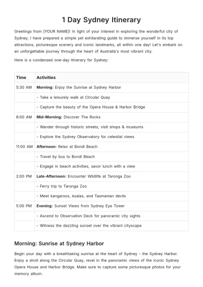 Free 1 Day Sydney Itinerary Template to Edit Online