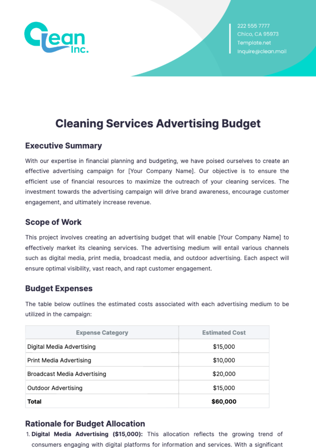 Cleaning Services Advertising Budget Template