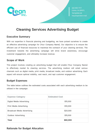 Free Cleaning Services Advertising Budget Template to Edit Online