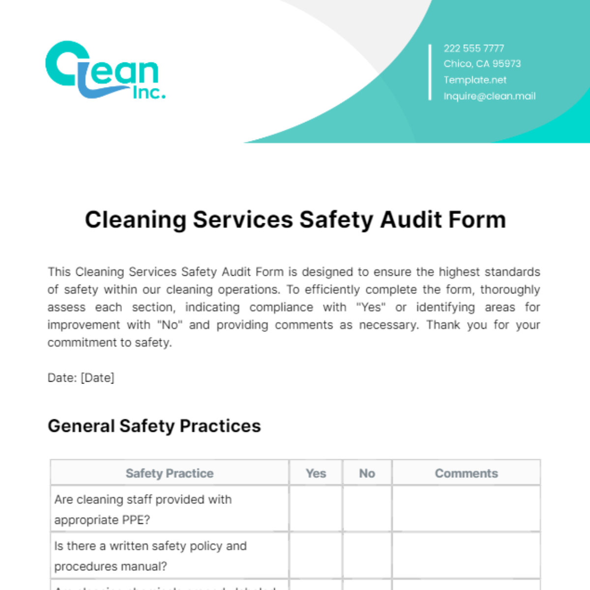 Free Cleaning Services Safety Audit Form Template