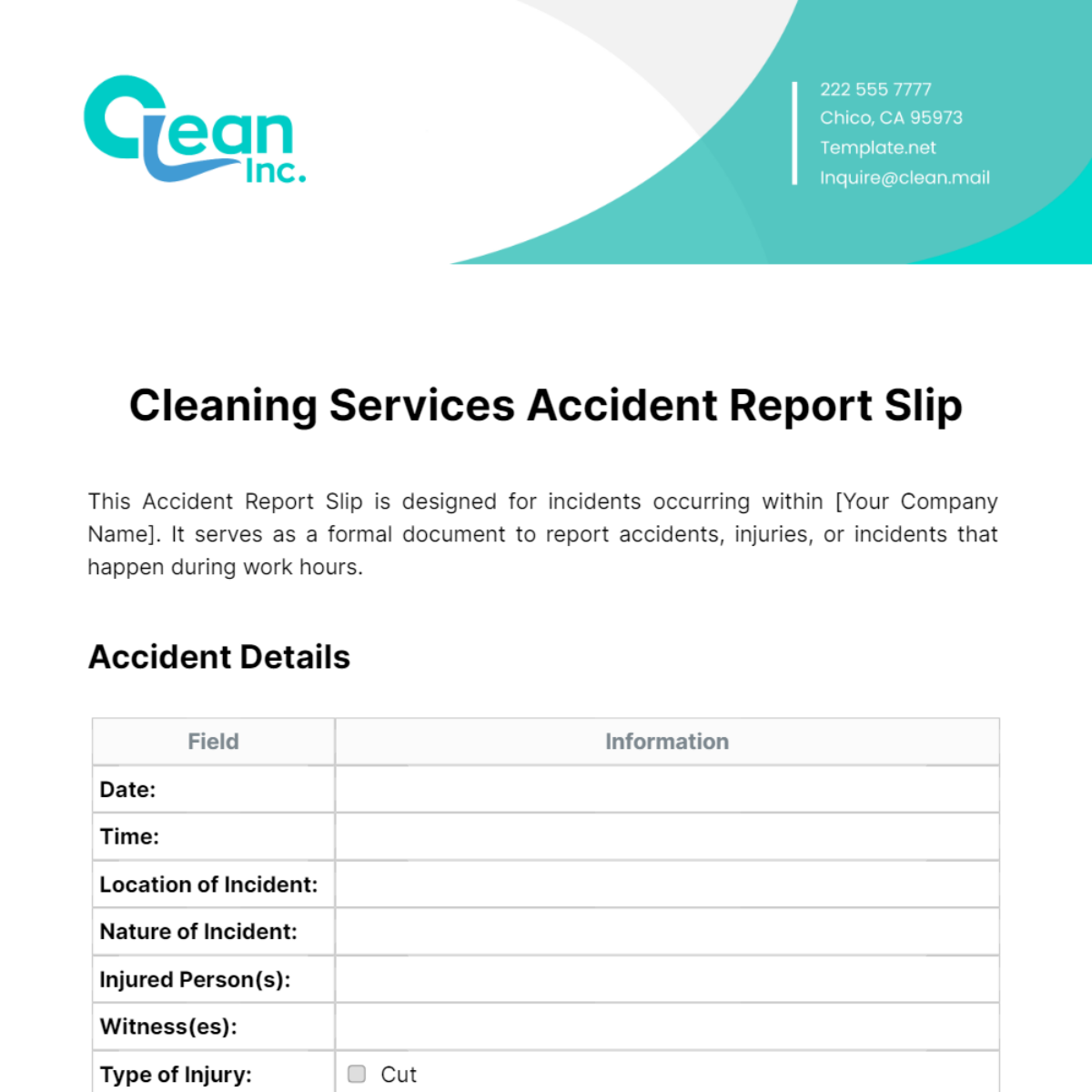 Free Cleaning Services Accident Report Slip Template
