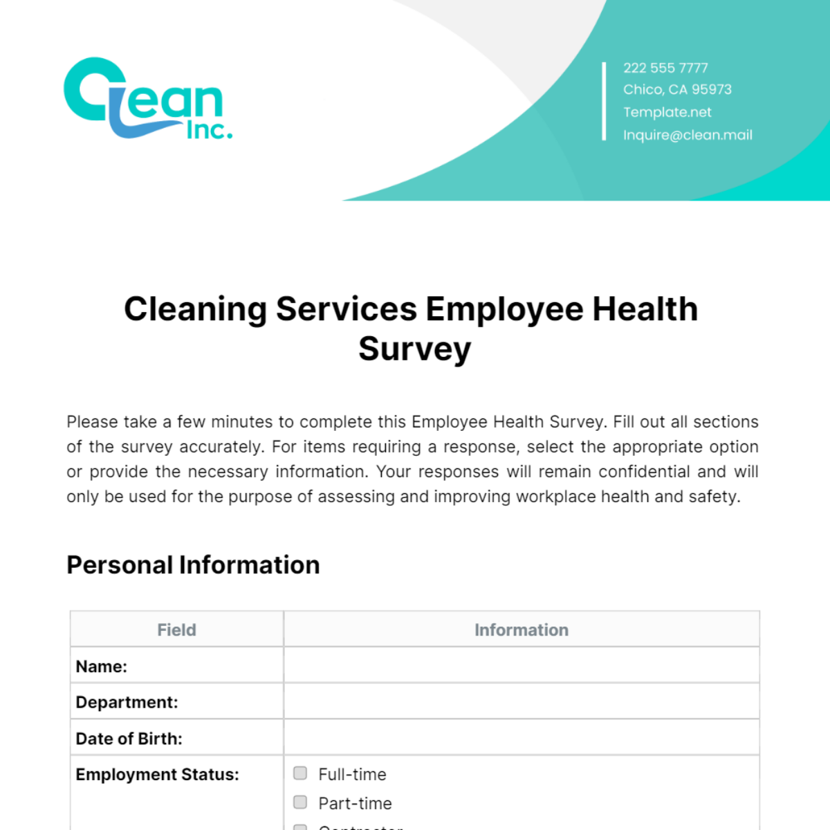 Free Cleaning Services Employee Health Survey Template