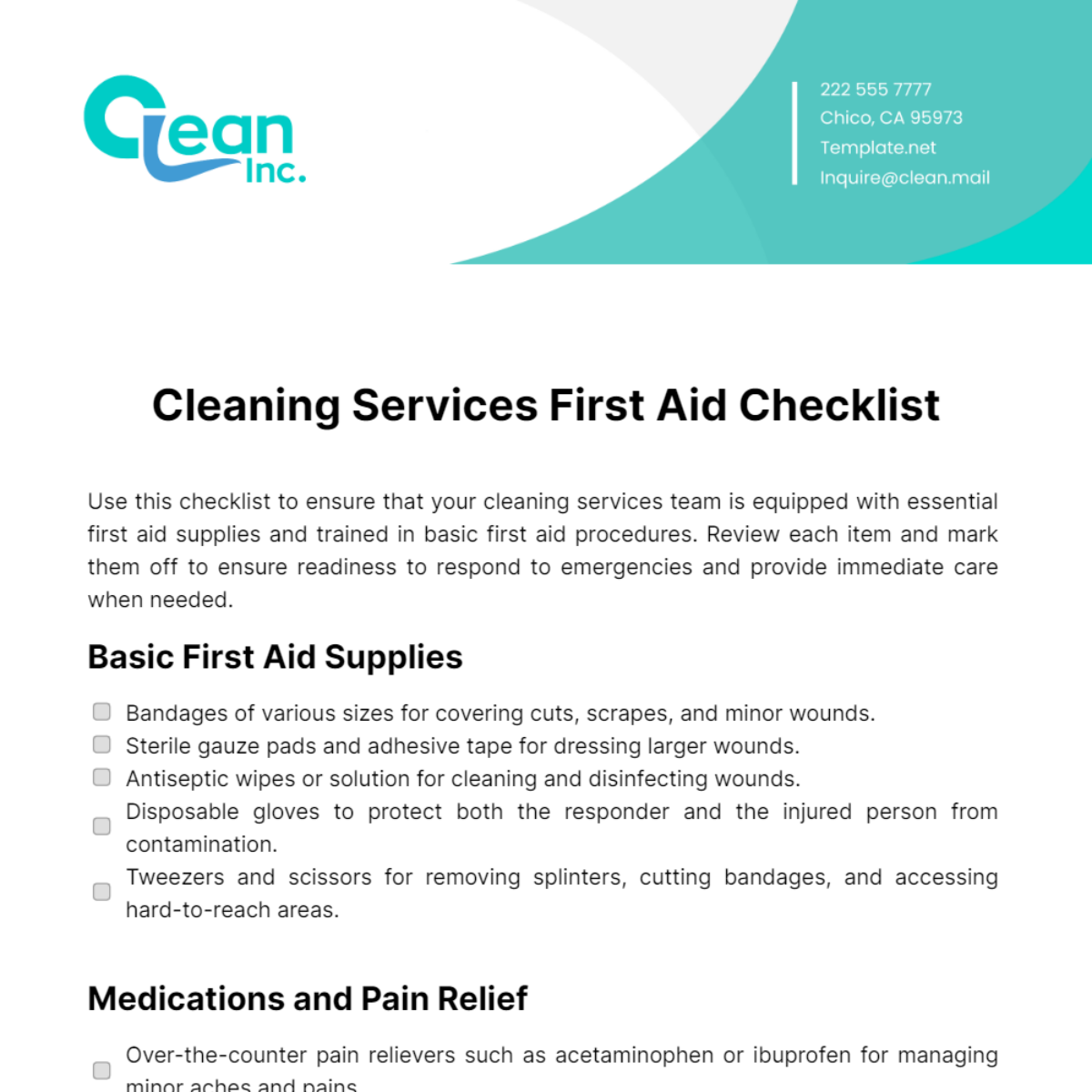 Free Cleaning Services First Aid Checklist Template