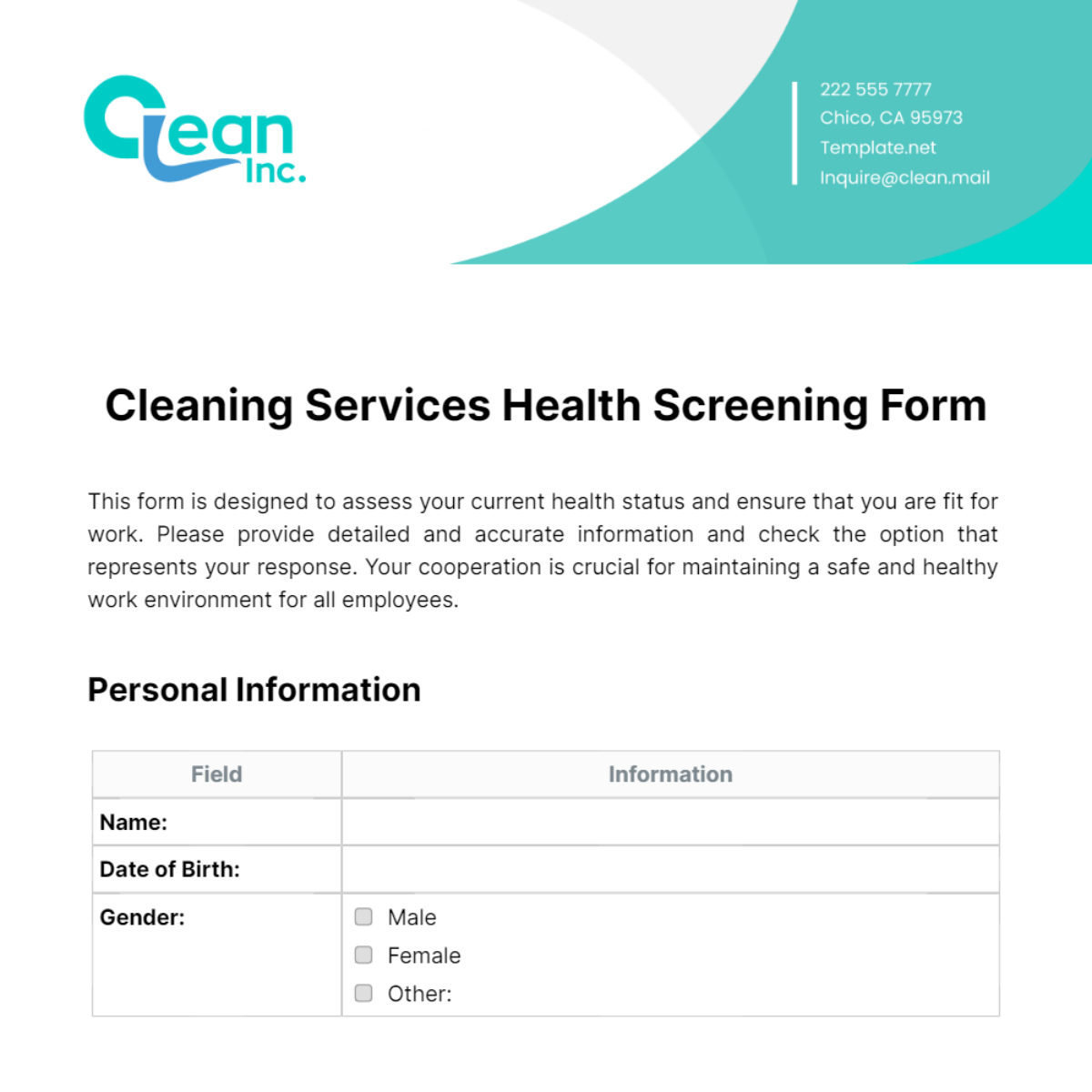 Free Cleaning Services Health Screening Form Template